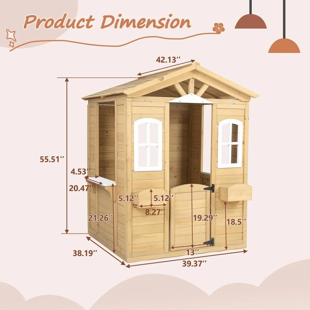 Outdoor Kids Wooden Playhouse Storage Toy Box with Operable Doors Windows Planter Rack Serving Station 39" x 38" x 55.5"