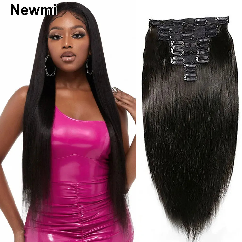 Straight Clip in Hair Extension Human Hair Natural Black Newmi Clip ins Full Head  for Women 8pc 120g/set Hair Accessories