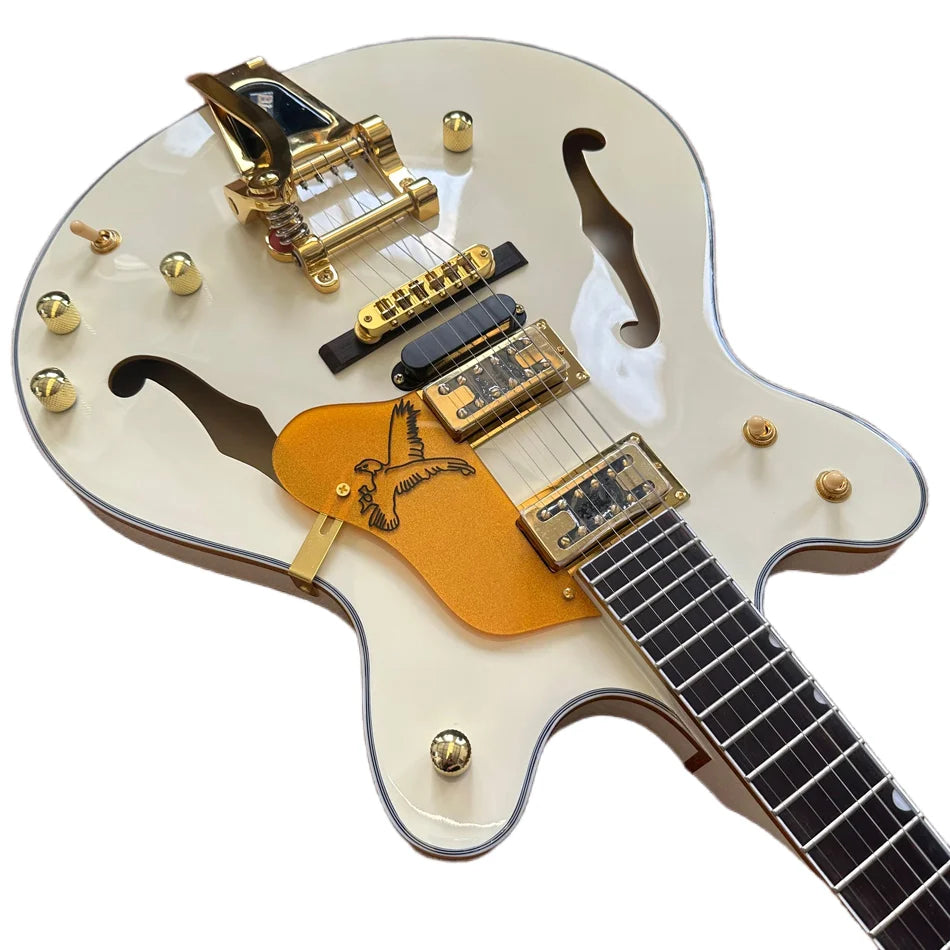 Milk-White Hollow Body Jazz Electric Guitar, Rosewood Fingerboard, Gold Hardware, Tremolo Bridge, Free Shipping