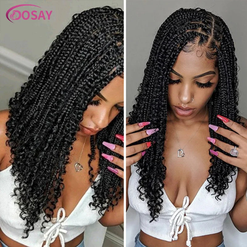 Short 12 Inch Bohemian Curly Braided Full Lace Front Wigs Knotless Box Braid Bob Wig Women Synthetic Locs Goddess Cornrow Braids