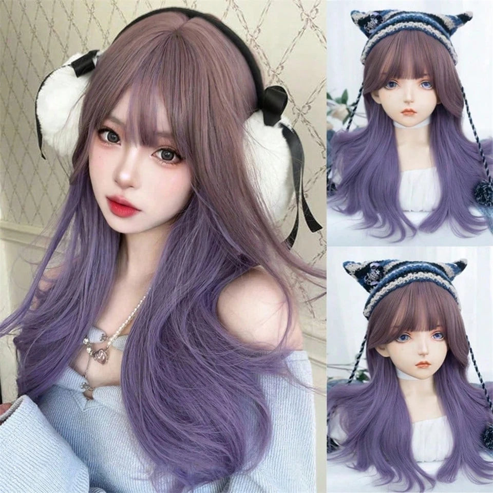 LM Long Body Wave Black And Gray Ombre Cosplay Wigs Heat Resistant Synthetic Wigs Bangs Natural Lolita Wigs For Women Halloween