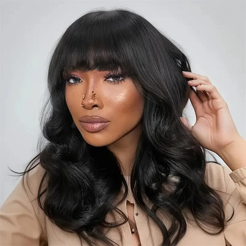 Chic Body Wave Bob Wigs With Bangs Human Hair Wigs 180% Density Glueless Full Machine Made Peruvian Remy None Lace Fringe Wig