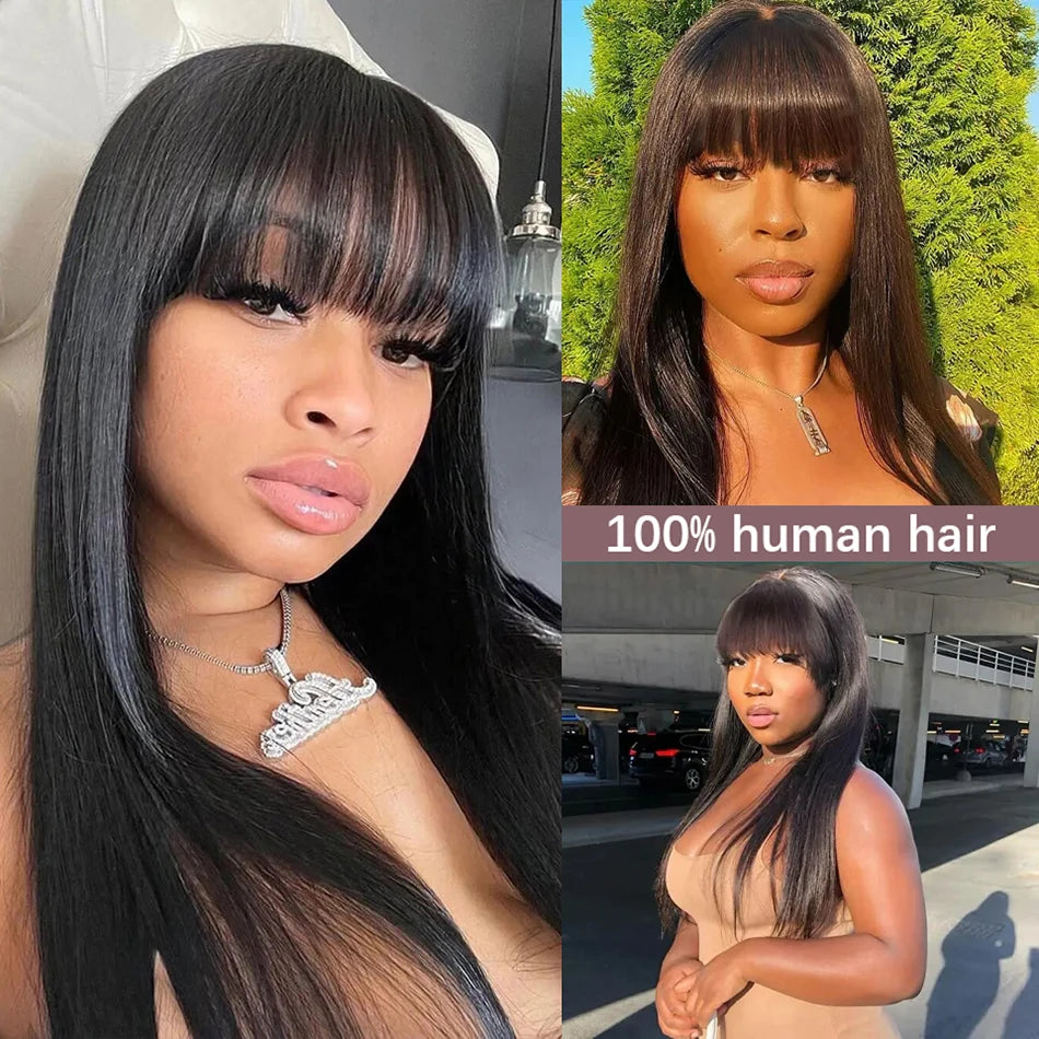 Wiggogo 3X1 Middle Part Lace Wig 100% Straight Human Hair Wig With Bangs Full Machine Made Straight Human Hair Wigs For Women