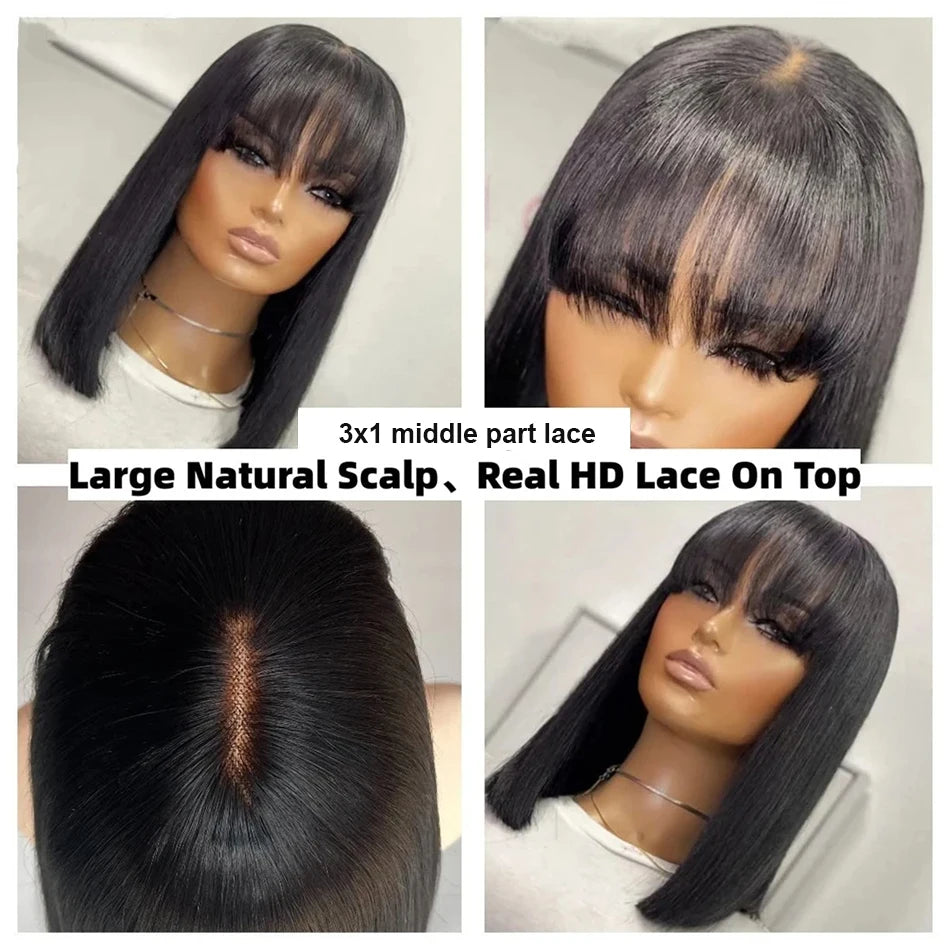 Wiggogo 3X1 Middle Part Lace Wig 100% Straight Human Hair Wig With Bangs Full Machine Made Straight Human Hair Wigs For Women