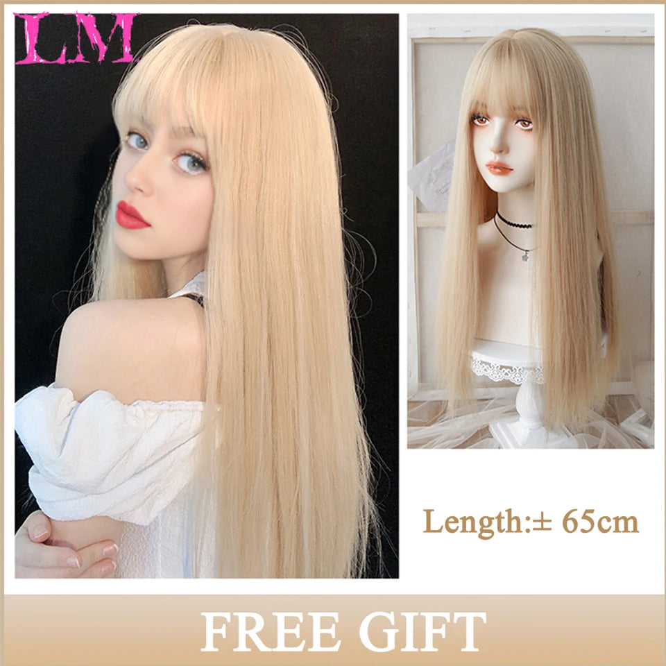 LM Cosplay Wig With Bangs Synthetic Straight Hair 24 Inch Long Heat-Resistant Pink Wig For Women