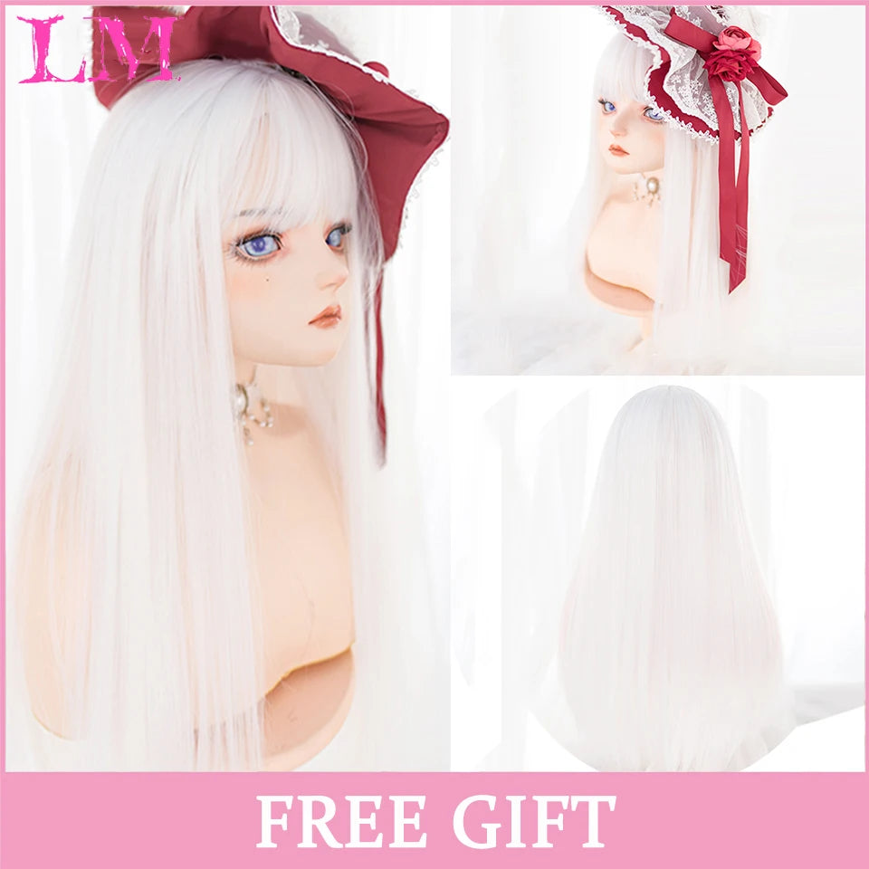 Pink Short Bob Straight Synthetic Wig with Bangs for Cosplay Lolita Fake Hair for White Women Party Natural Wig High Temperature