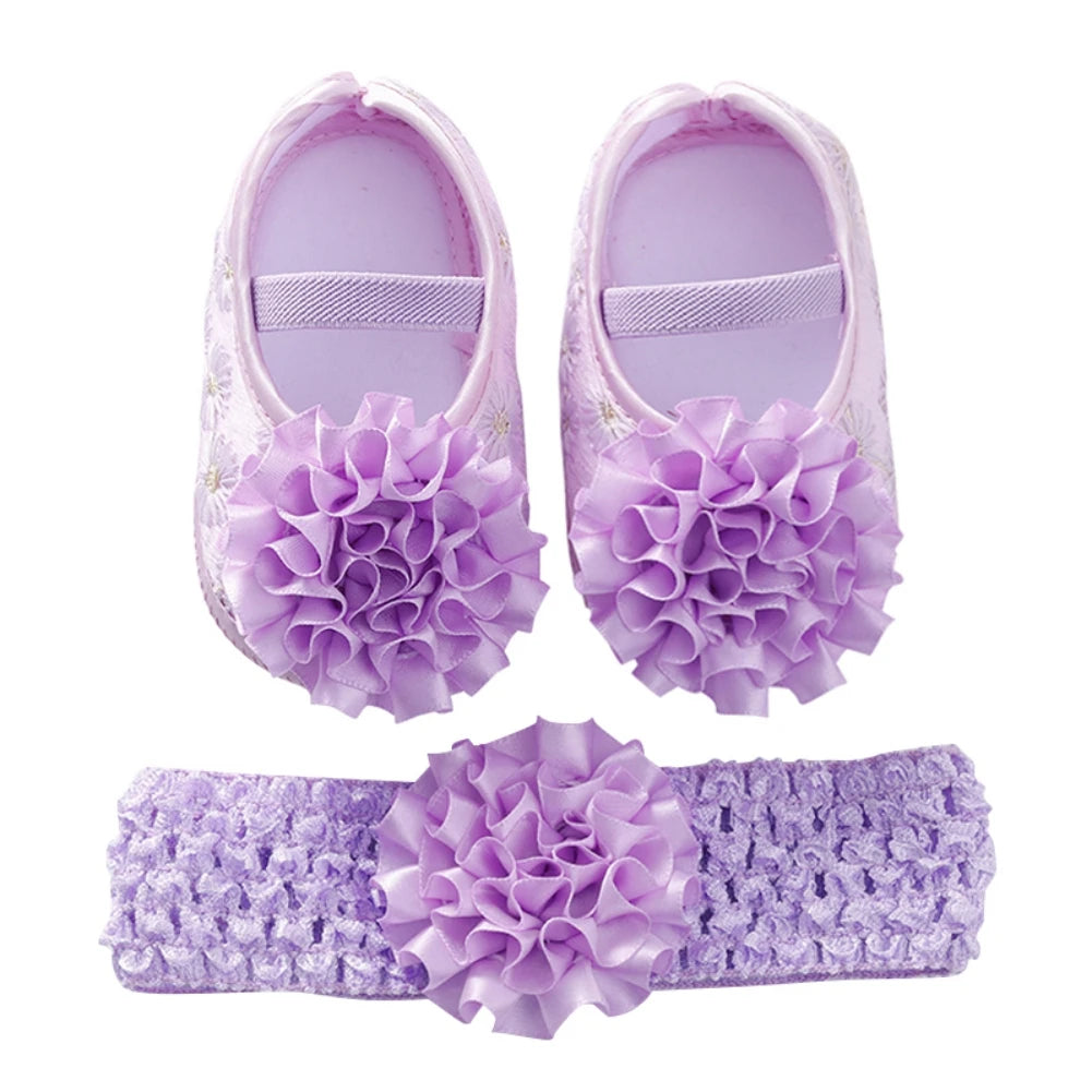 Newborn Baby Shoes Baptism Yellow Headband Baby Girl Lace Shoes Set Toddler Prewalker Cute Baby Soft Shoes for 0-12M Kids