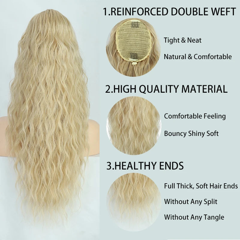 Long Curly Wavy Ponytail Hair Extension for Women Natural Synthetic Drawstring Ponytail Hairpieces Burgundy Blond Fake Pony Tail