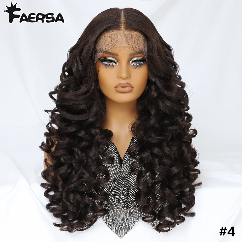 Latisha 13X6 HD Synthetic Lace Front Wigs Curly Pre Plucked Lace Frontal Wig with Bangs for Women Highlight with Babyhair 24Inch