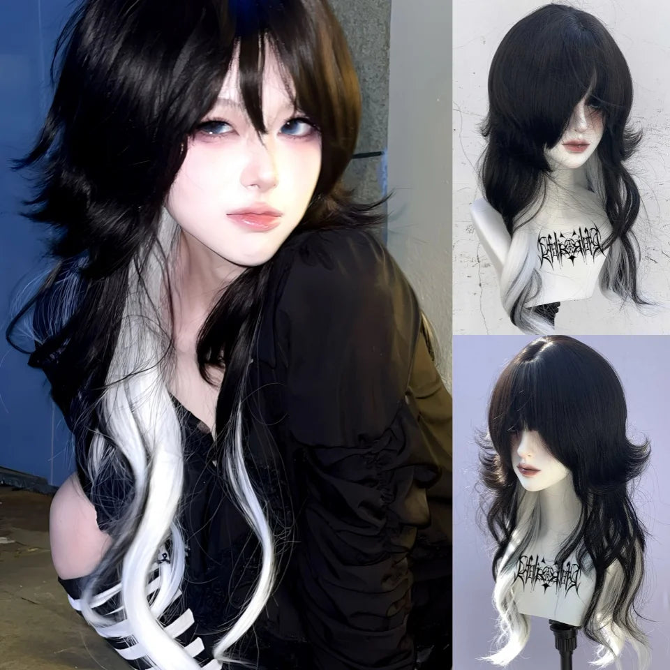 LM Long Body Wave Black And Gray Ombre Cosplay Wigs Heat Resistant Synthetic Wigs Bangs Natural Lolita Wigs For Women Halloween