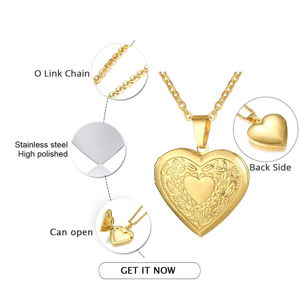 Heart Locket Pendants Necklaces For Women Gold Color Photo Frame Valentine Lovers Necklace 45/66cm Gift Jewelry