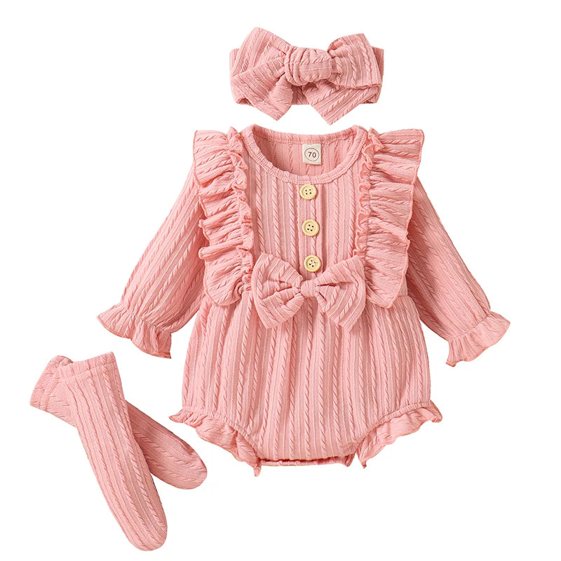 0-12M Infant Baby Girls 3Pcs Fall Outfits Long Sleeve Button Front Ruffle Romper + Socks + Headband Set Lovely Clothes