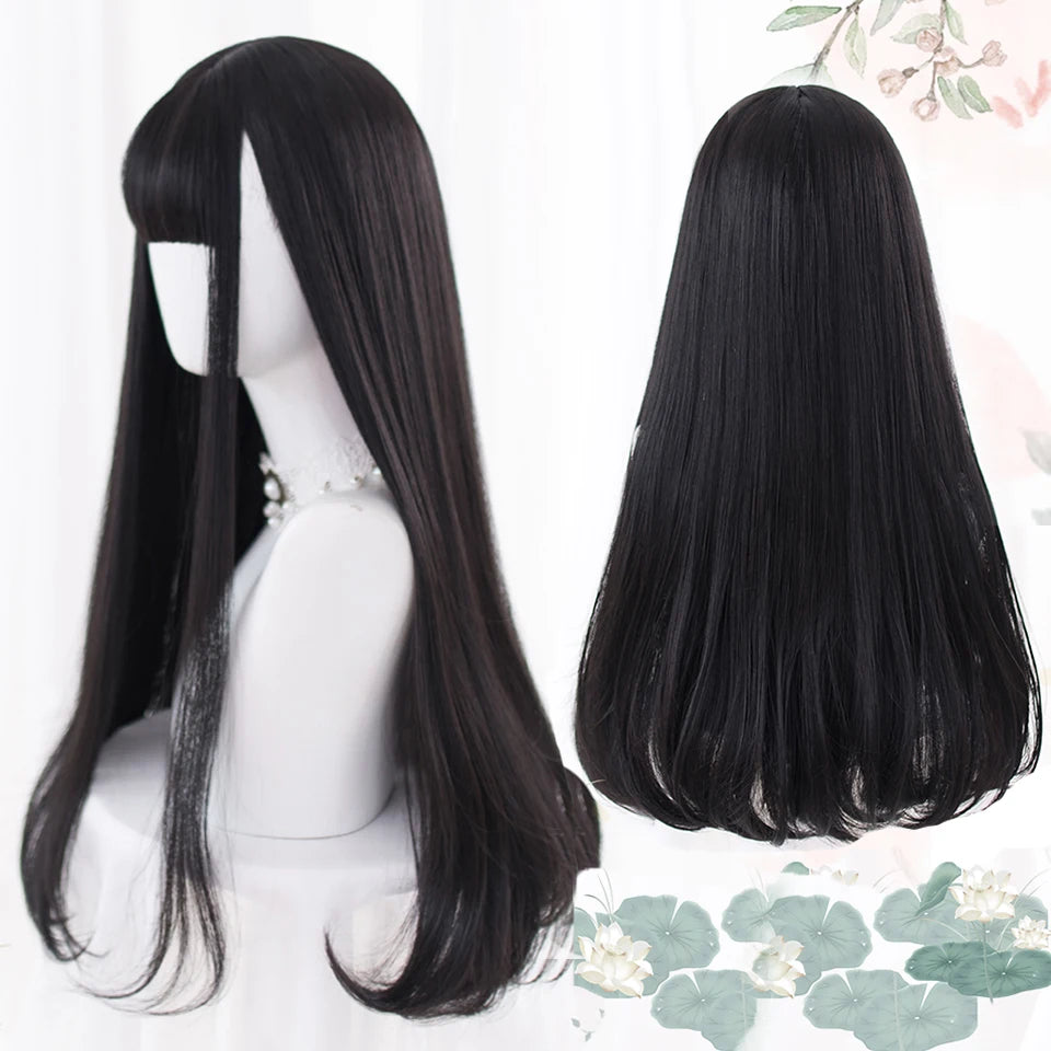 AS Long Straight Black Synthetic Wig For Woman With Bangs black Cosplay Lolita Wigs Heat Resistant Natural Hair