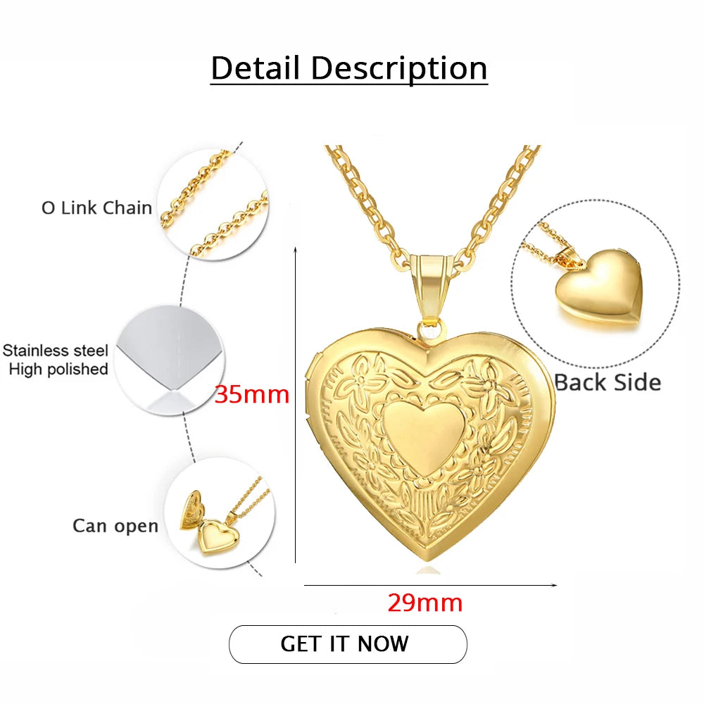 Heart Locket Pendants Necklaces For Women Gold Color Photo Frame Valentine Lovers Necklace 45/66cm Gift Jewelry