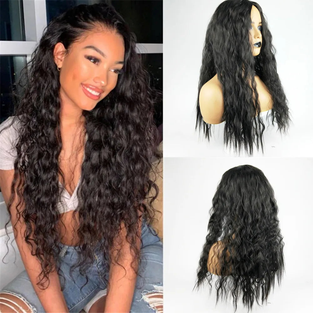 Women's long Ion Perm Wave Curly Hair Full head Wigs Synthetic black Hair Extension Heat Resistant Fake Hair wigs for Lady 68cm