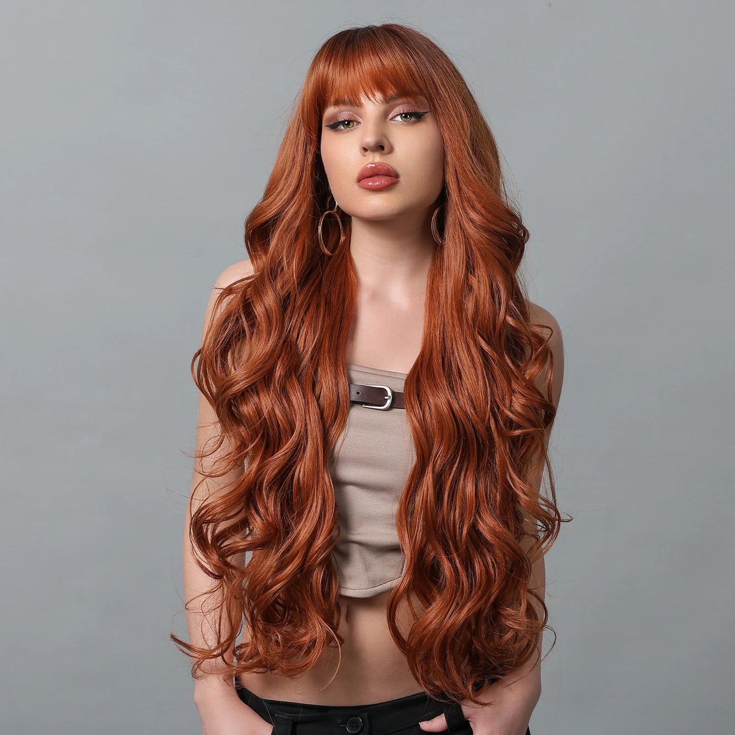 GEMMA Copper Ginger Long Wavy Wig Synthetic Red Brown Wigs with Bangs for Women Natural Hair Cosplay Daily Wig Heat Resistant