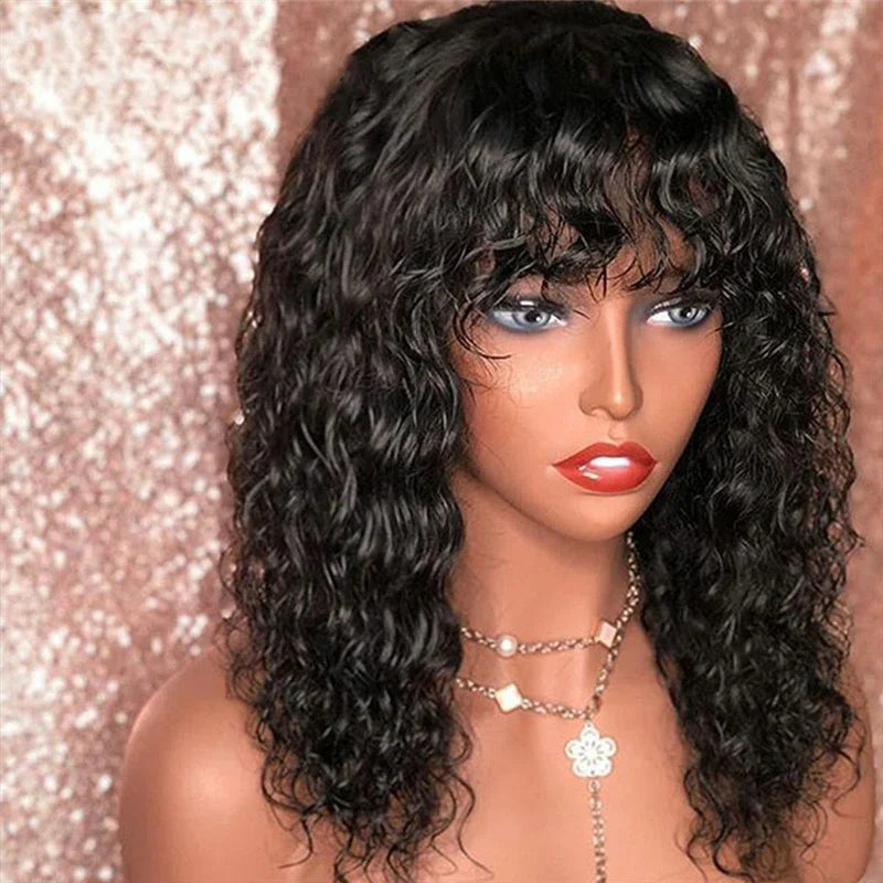 Kinky Curly Wigs With Bangs Full Machine Made Wigs Virgin Hair Peruvian Long Curly Human Hair Wigs Natural Black Non Lace