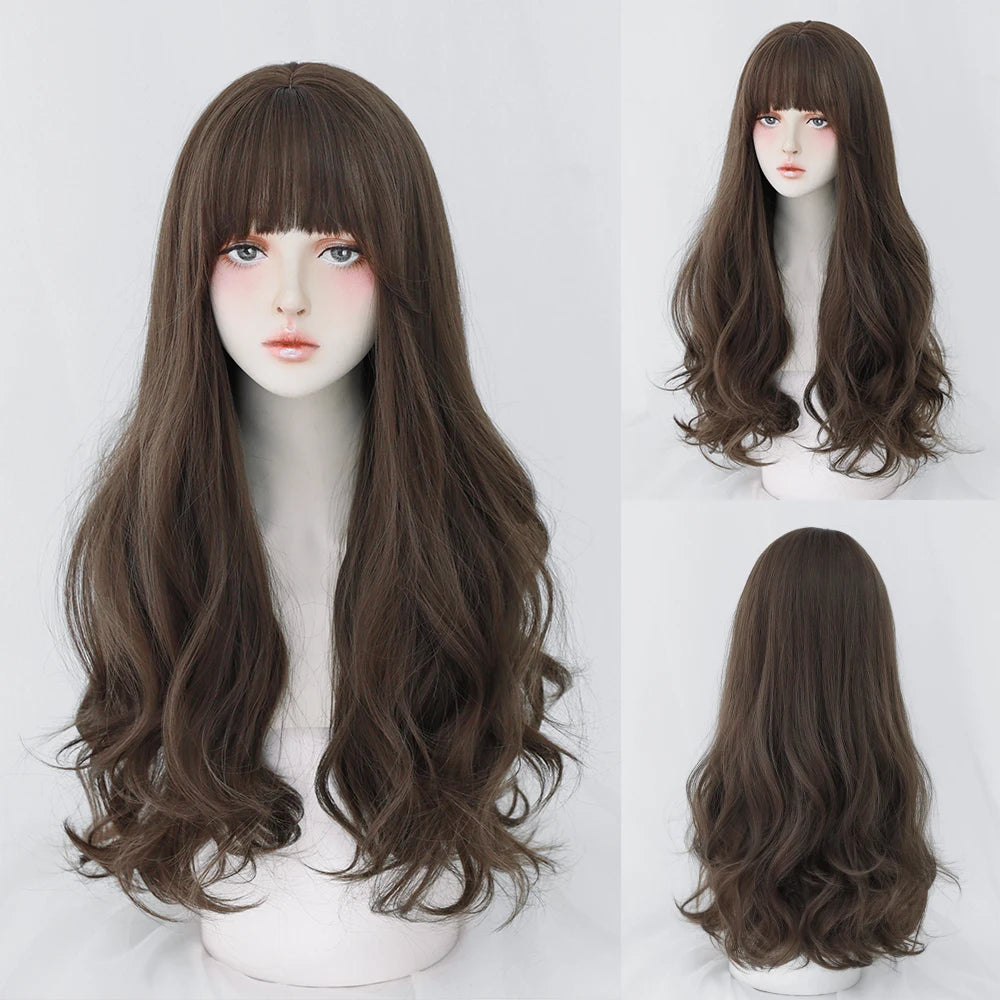 Dense Long Wave Wig Women Wig with Bangs Blonde Cospaly Lolita Daily Party Synthetic Wigs Heat Resistant Fiber Natural Fake Hair