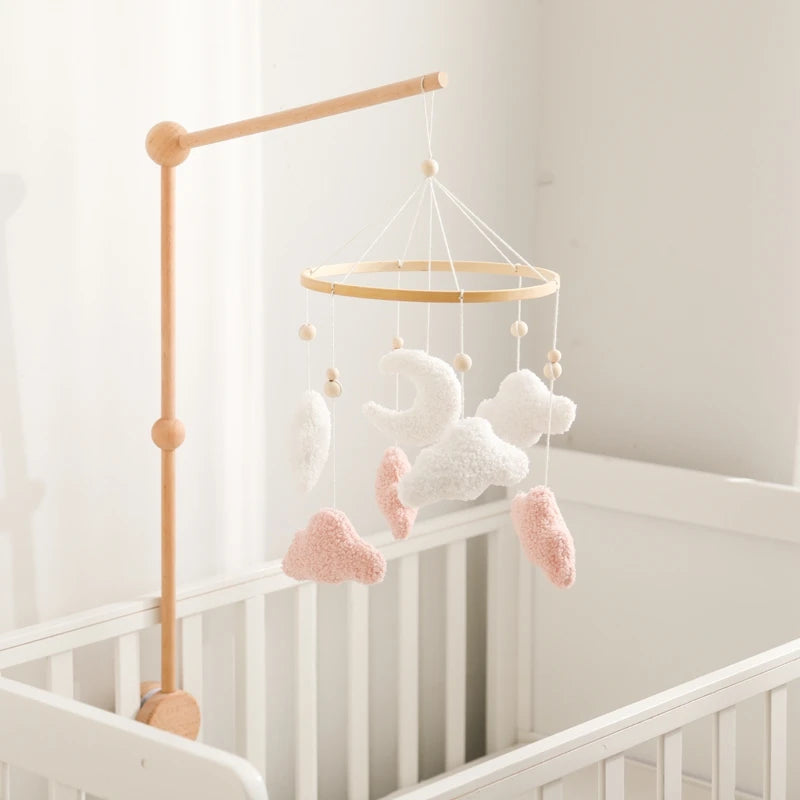 Wooden Crib Mobile Baby Bed Bell Rattle Toy Soft Felt Cartoon Bear Mobile Hanging Newborn Music Box Bed Bell Hanging Bracket Toy