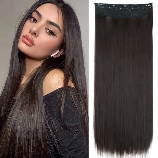 Synthetic Long Straight Clip In One Piece Hair Extension 5 Clips False Blonde Hair Brown Black Heat Resistant Fake Hair