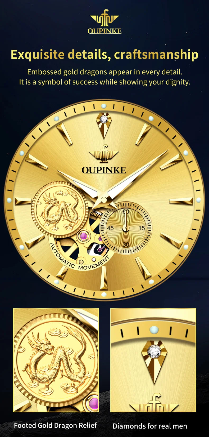 OUPINKE Luxury Top Brand Real Gold Dragon Watch Real Diamond Men's Chronograph Wristwatch Automatic Mechanical Luminous