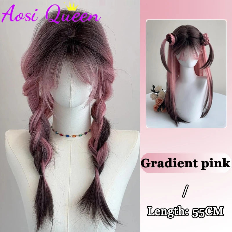 AosiQueen Black Pink Ombre Synthetic Wigs For Cosplay Long Wavy Layered Wigs With Bangs For Women Heat Resistant Fake Hair