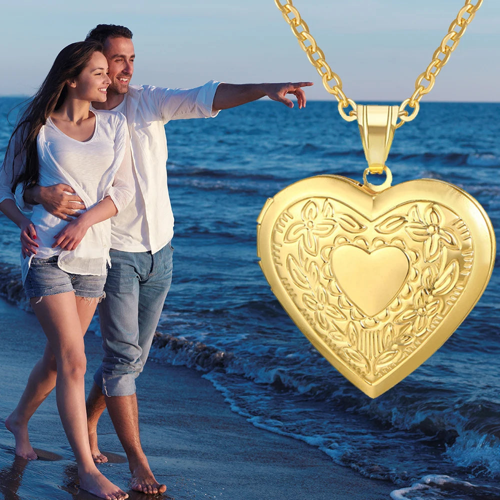 Heart Locket Pendants Necklaces For Women Gold Color Photo Frame Valentine Lovers Necklace 45/66cm Gift Jewelry