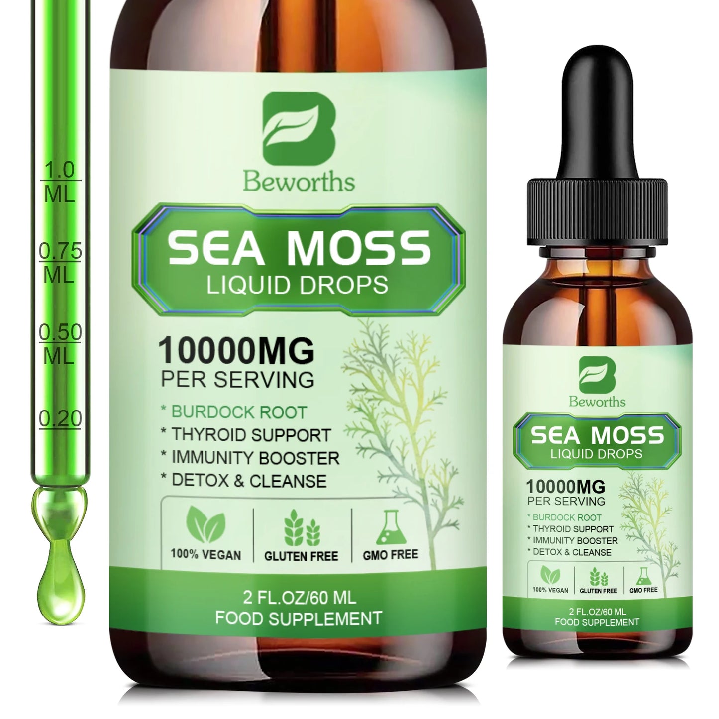 BEWORTHS Organic Seamoss Drops with Burdock Root and Spirulina Support Immunity and Gut Health, Help Digestion Weight Management