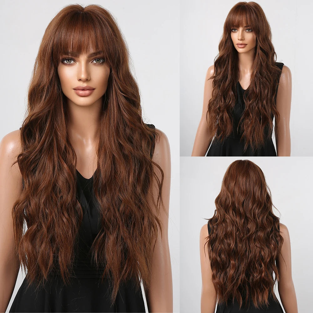 GEMMA Copper Ginger Long Wavy Wig Synthetic Red Brown Wigs with Bangs for Women Natural Hair Cosplay Daily Wig Heat Resistant