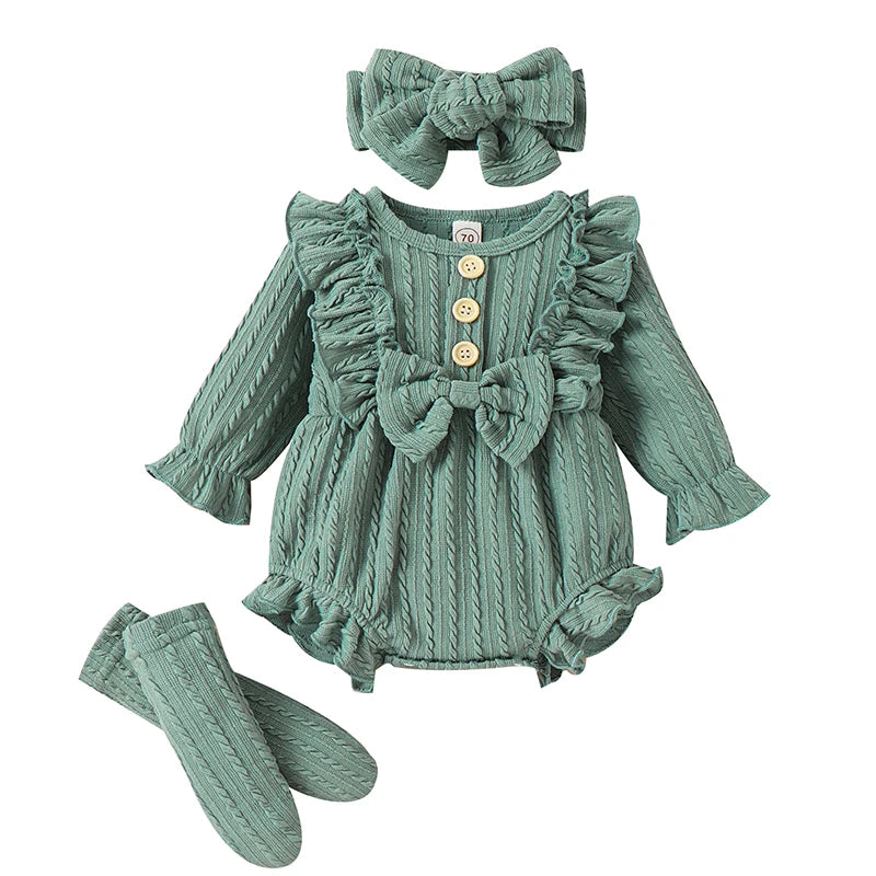 0-12M Infant Baby Girls 3Pcs Fall Outfits Long Sleeve Button Front Ruffle Romper + Socks + Headband Set Lovely Clothes