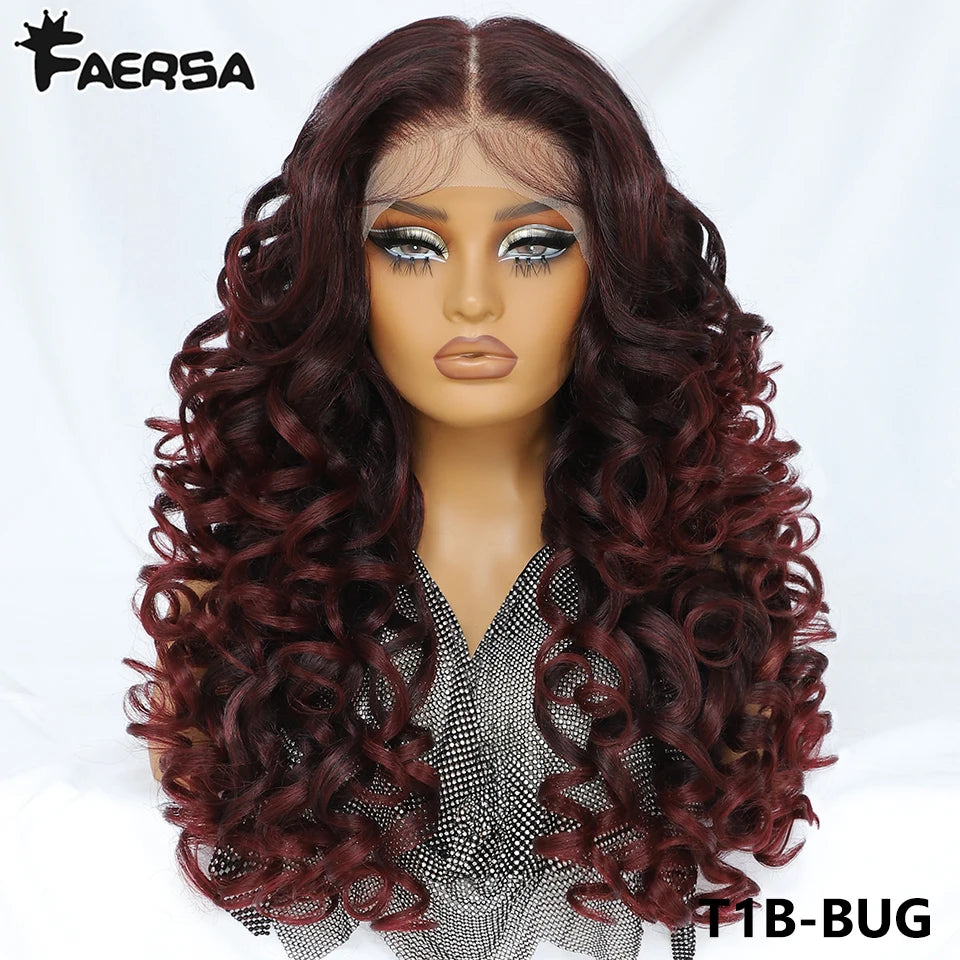 Latisha 13X6 HD Synthetic Lace Front Wigs Curly Pre Plucked Lace Frontal Wig with Bangs for Women Highlight with Babyhair 24Inch