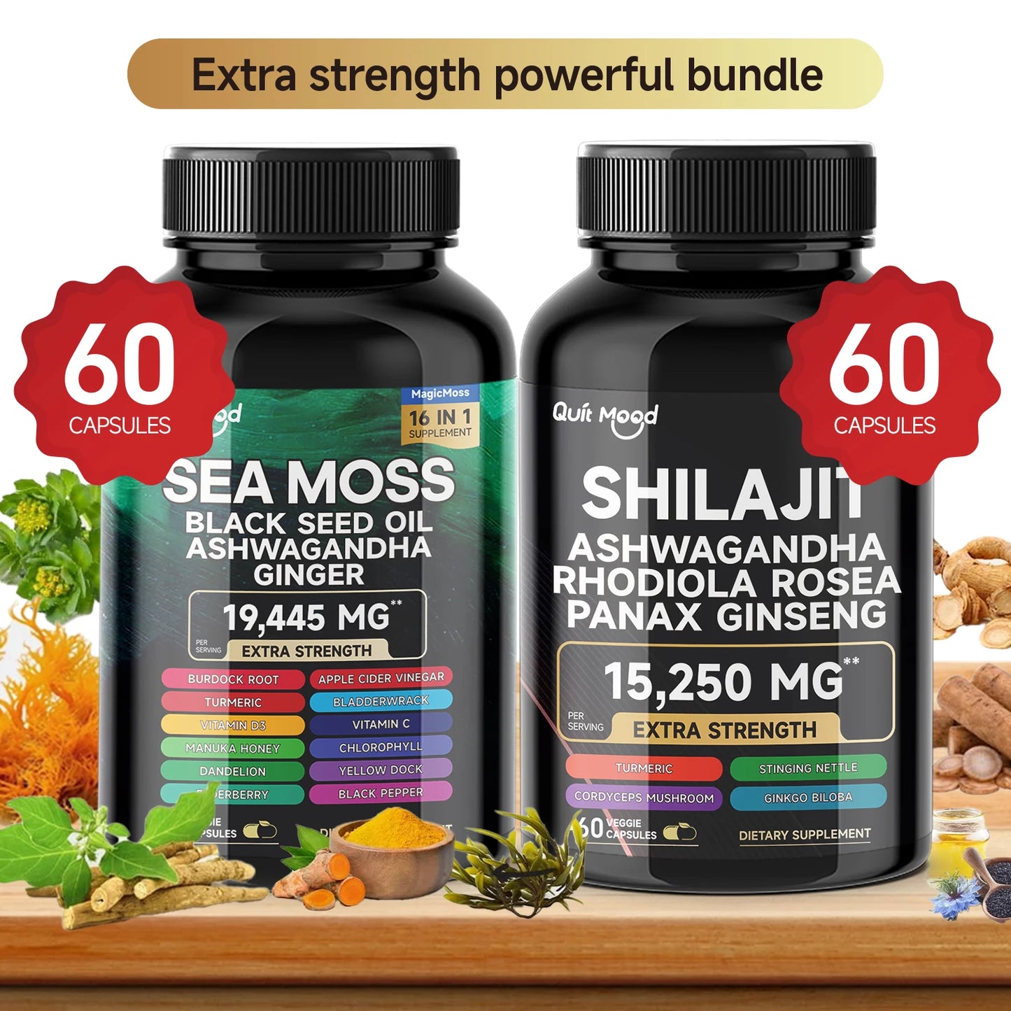 Quitmood Sea Moss Shilajit Energy Bundle for Man & Women, with Black Seed Oil, Ashwagandha, Ginger, Burdock Root, Turmeric