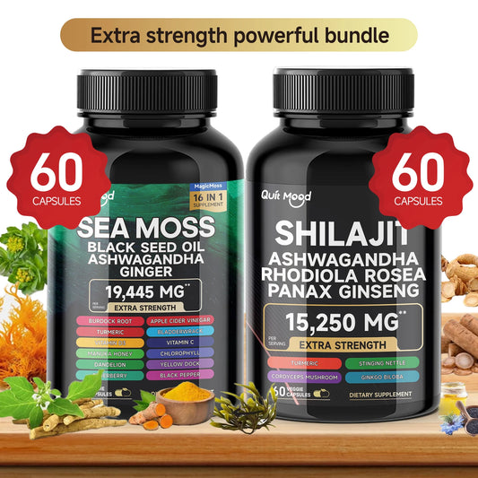 Quitmood Sea Moss Shilajit Energy Bundle for Man & Women, with Black Seed Oil, Ashwagandha, Ginger, Burdock Root, Turmeric