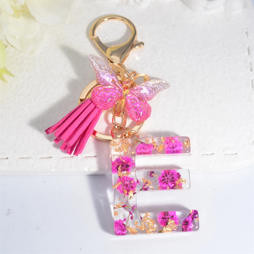 Exquisite Pink Dry Flower Resin 26 Initial Keychain Butterfly Tassel Pendant A to Z Keyring for Women Valentine's Day Gift