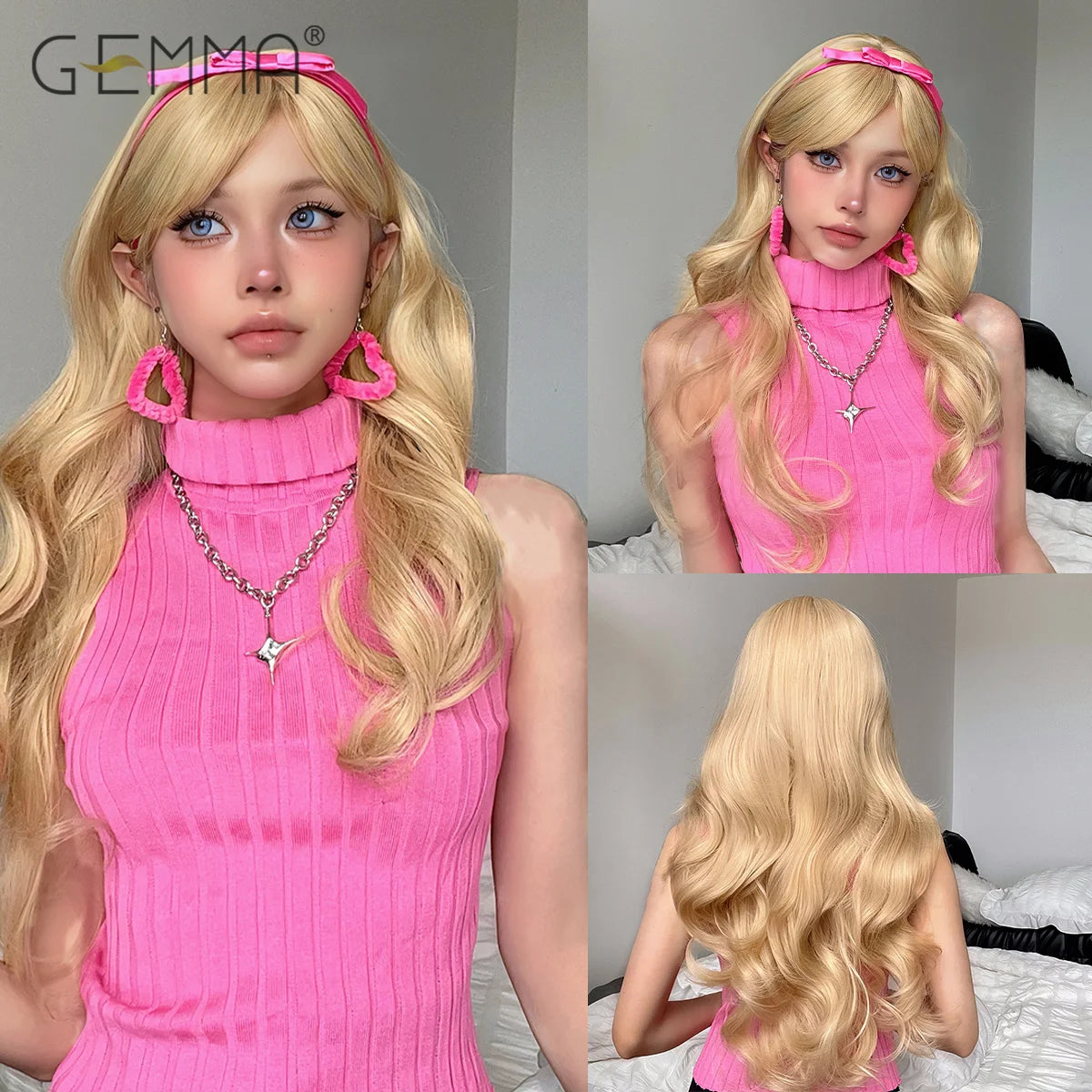 Long Wavy Light Ash Blonde Synthetic Wigs with Bangs for Women Natural Wave Cosplay Party Daily Use Hair Wigs Heat Resistant