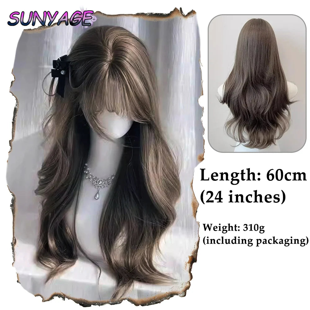 SUNYAGE Lolita Black Wig for Women Long Wavy Hair 75cm Curly Wig with Bangs Cosplay Headband Wigs Synthetic Wigs for Daily Use