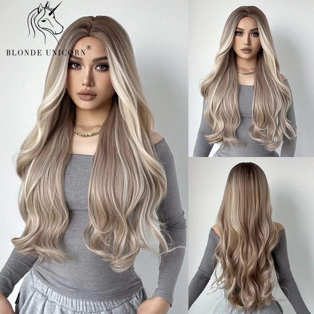 Blonde Unicorn Synthet Wig Long Wavy Mixed Brown Blonde for White Black Women Daily Party High Density Temperature Fibre Hair