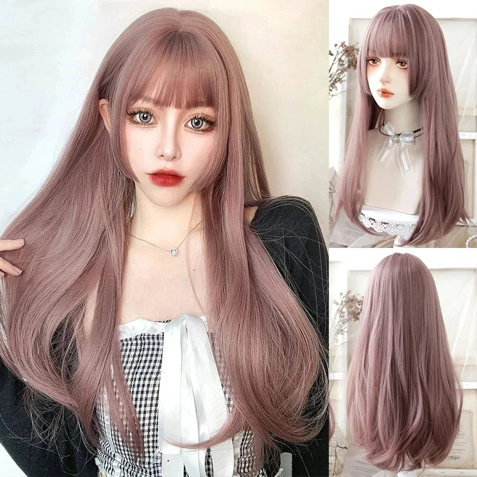 LM Long Body Wave Black And Gray Ombre Cosplay Wigs Heat Resistant Synthetic Wigs Bangs Natural Lolita Wigs For Women Halloween