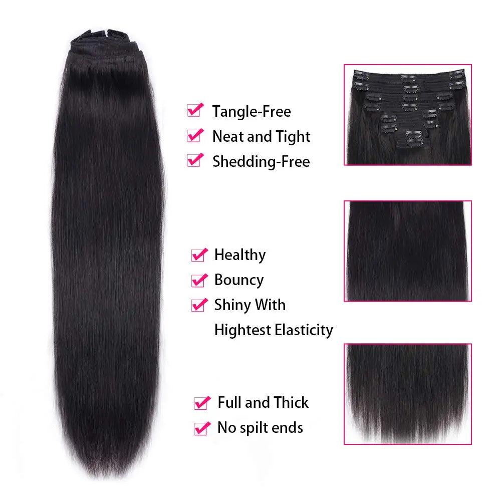 Clip in Hair Extension Human Hair Straight Seamless Clip ins Human Hair Brazilian Remy Natural Black Clip in Extensions 8Pcs/Set