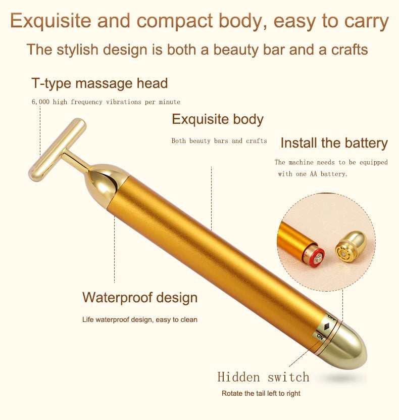 Portable Energy Electric Beauty Bar Waterproof 24K Gold Pulse Firming Massager Roller Facial Eye Pouch Remover Face Care Tool