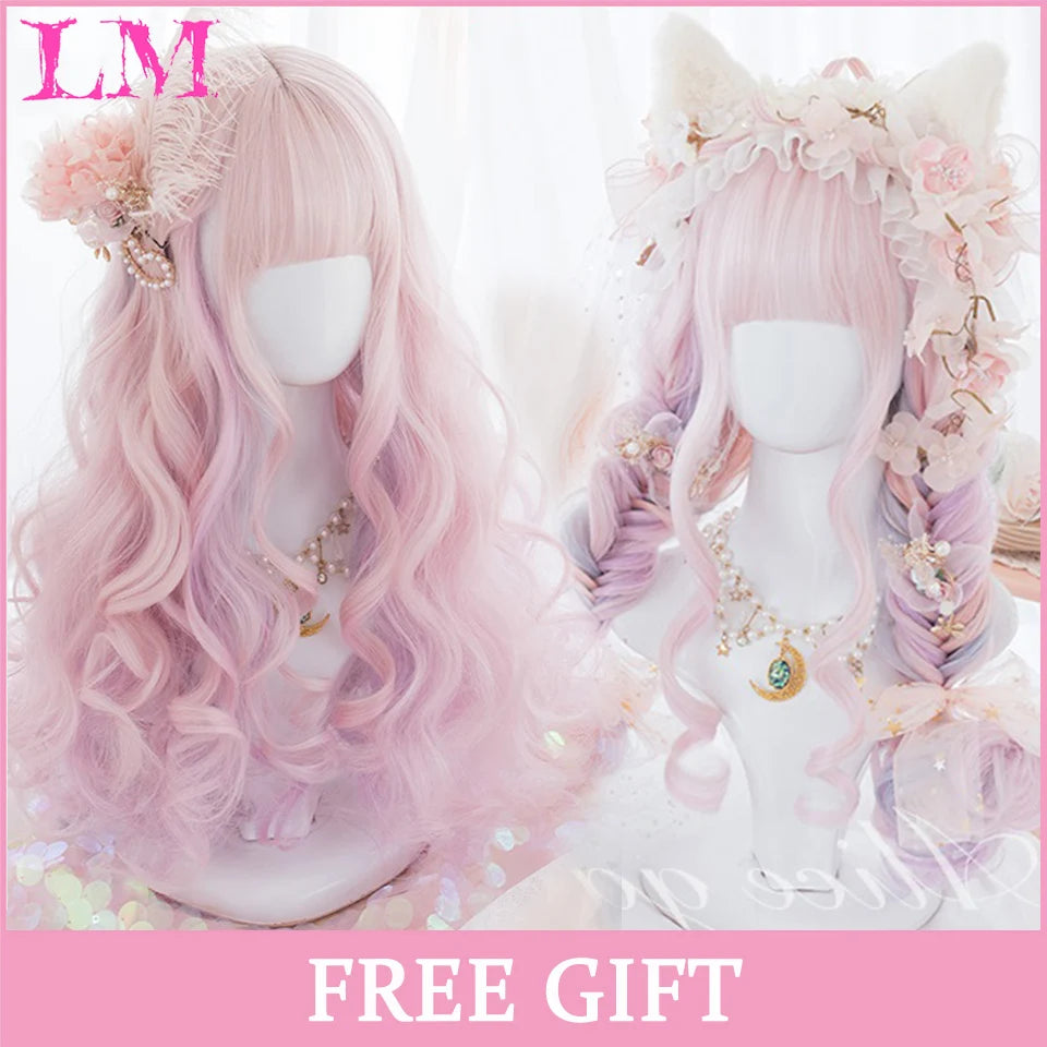 LM Cosplay Wig With Bangs Synthetic Straight Hair 24 Inch Long Heat-Resistant Pink Wig For Women