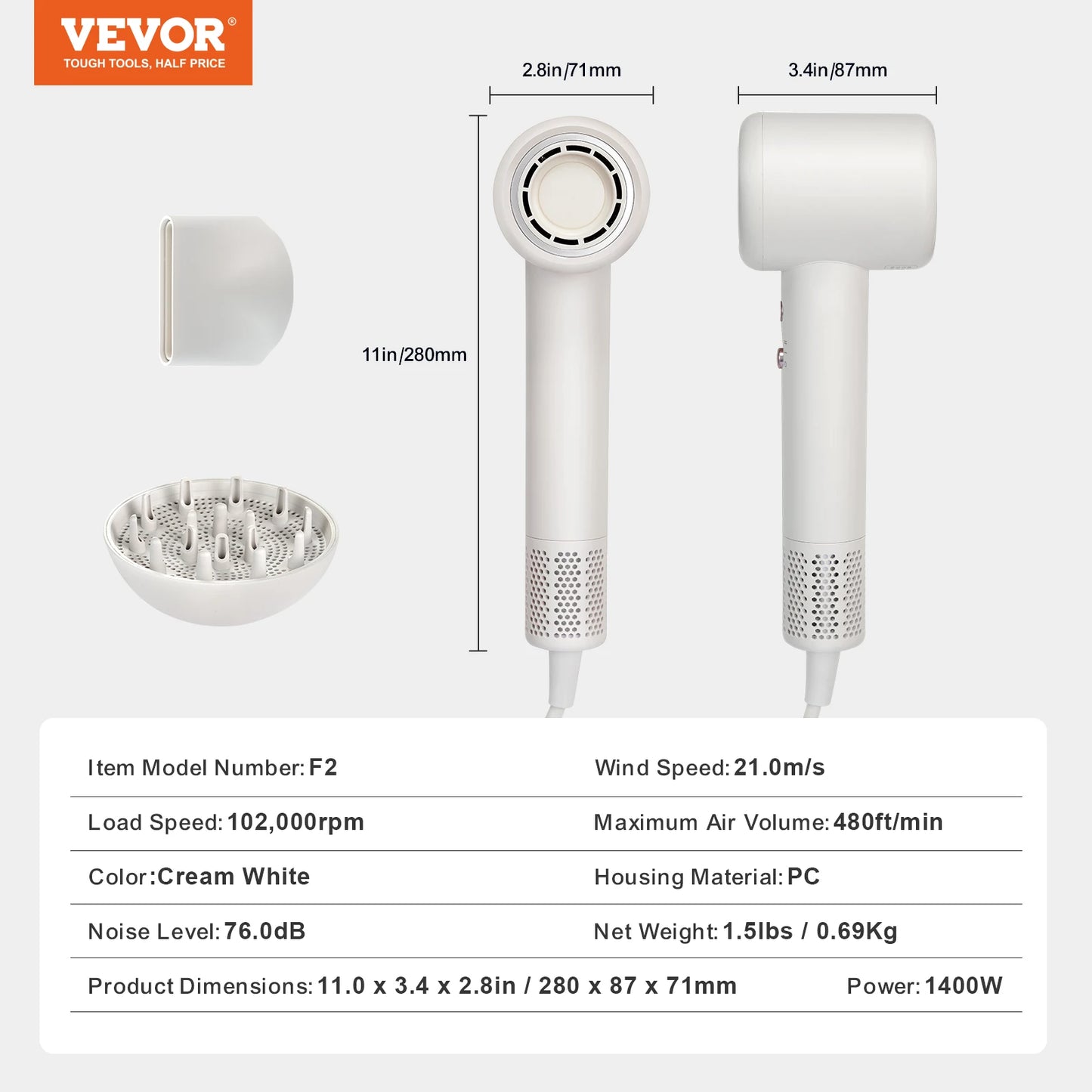 VEVOR High-Speed Hair Dryer with Brushless Motor 200 Million Negative Ions Lightweight Hairdryer with Nozzle for Home Travel