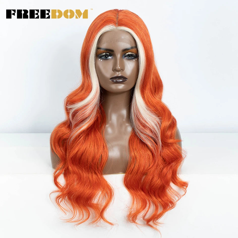 FREEDOM Synthetic Lace Front Wigs For Women  26“ Highlight Honey Brown Body Wave Wig Ombre Blonde Lace Wig Synthetic Cosplay Wig