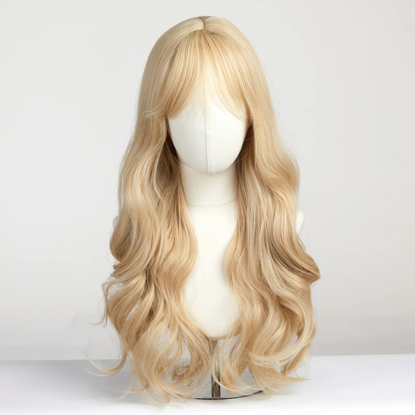 Long Wavy Light Ash Blonde Synthetic Wigs with Bangs for Women Natural Wave Cosplay Party Daily Use Hair Wigs Heat Resistant