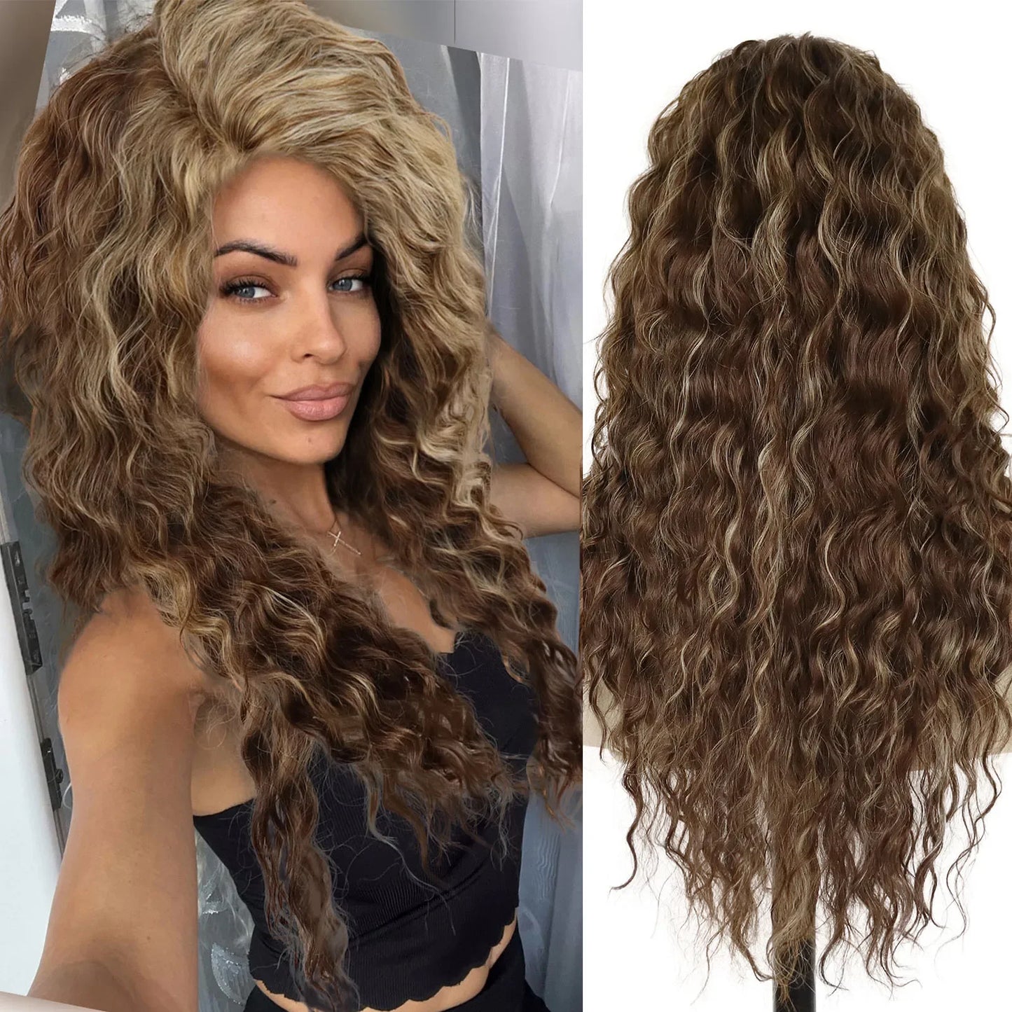 Ash Blonde Curly Wig Synthetic Long Curly Hair Wigs for Women Fluffy Hairstyle Wave Ombre Wig Costume Carnival Party Regular Wig