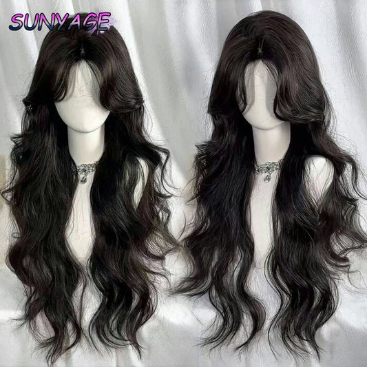 SUNYAGE Lolita Black Wig for Women Long Wavy Hair 75cm Curly Wig with Bangs Cosplay Headband Wigs Synthetic Wigs for Daily Use