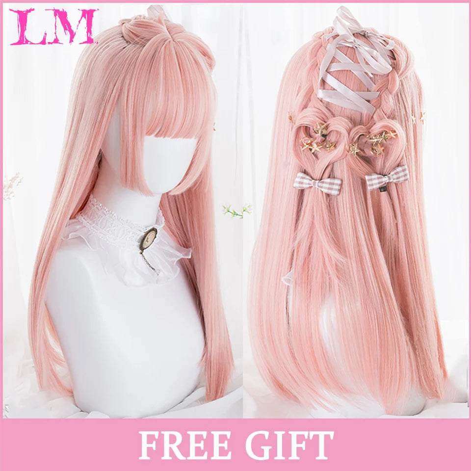 LM Cosplay Wig With Bangs Synthetic Straight Hair 24 Inch Long Heat-Resistant Pink Wig For Women