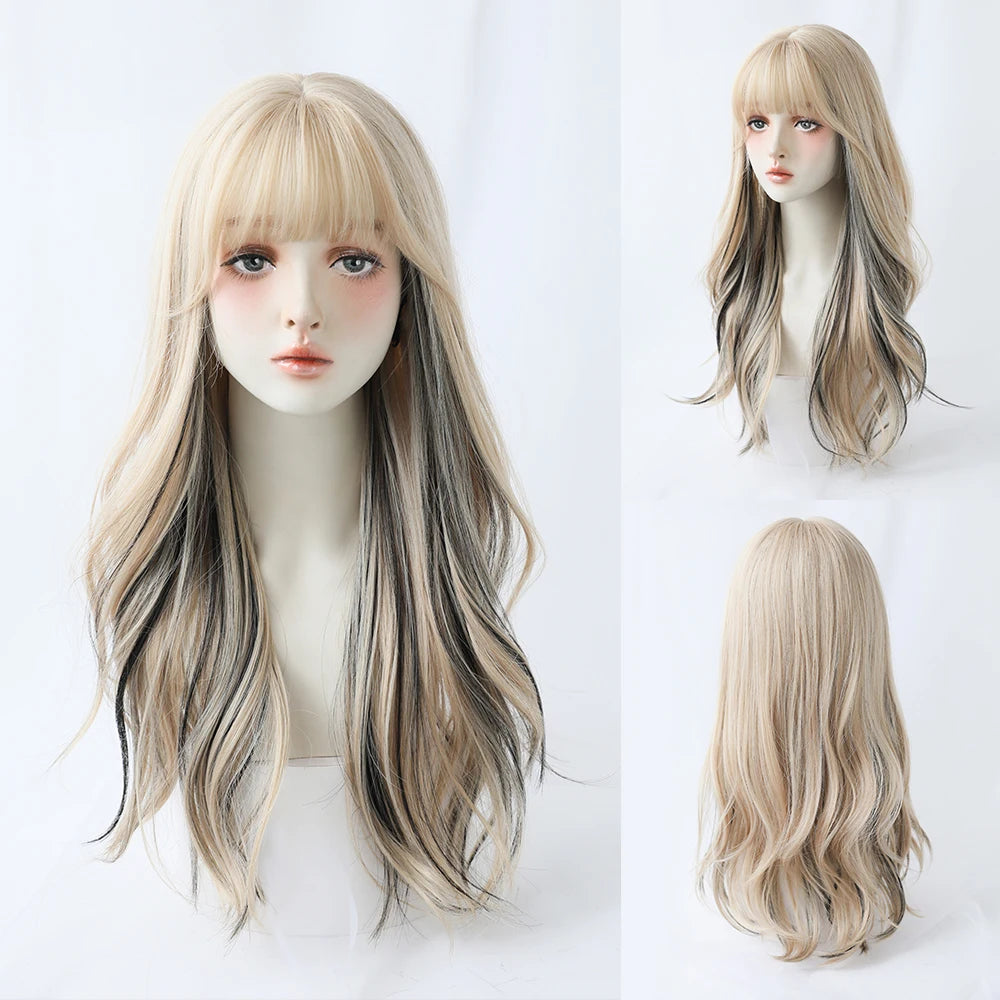 Dense Long Wave Wig Women Wig with Bangs Blonde Cospaly Lolita Daily Party Synthetic Wigs Heat Resistant Fiber Natural Fake Hair