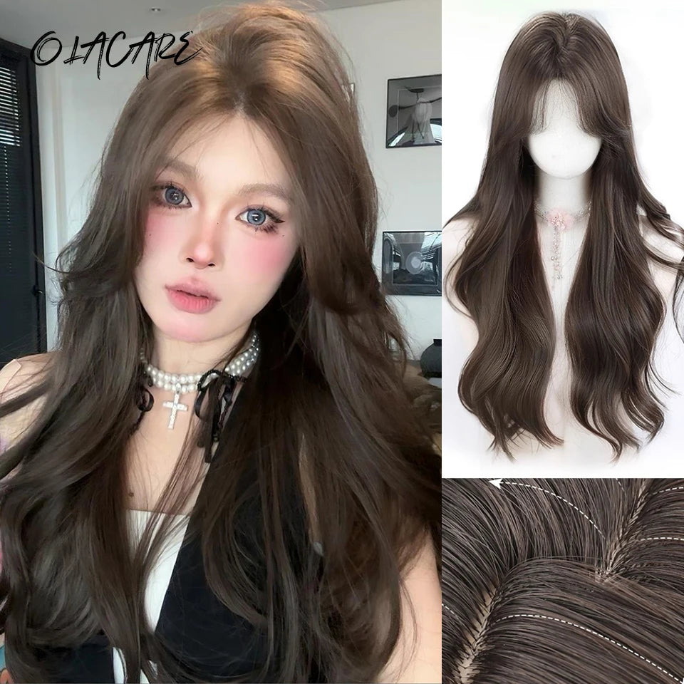 LM Long Body Wave Black And Gray Ombre Cosplay Wigs Heat Resistant Synthetic Wigs Bangs Natural Lolita Wigs For Women Halloween