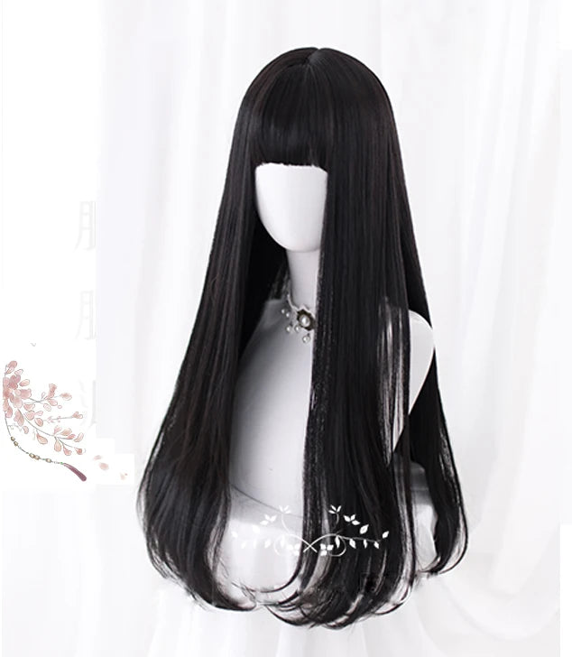 AS Long Straight Black Synthetic Wig For Woman With Bangs black Cosplay Lolita Wigs Heat Resistant Natural Hair